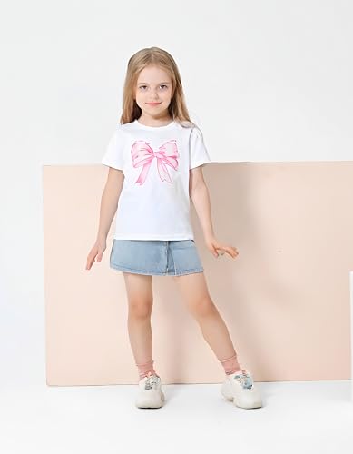 Image of Azmxynol Kid Girls Clothes Outfits Bowknot T-Shirt + 2 In 1 Denim Short Skort Summer Clothing Set, Size 4-10 Years