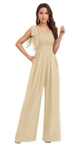 Teinyeyiop One Shoulder Mother of The Bride Pant Suit for Women Chiffon Ruffles Backless Formal Jumpsuits with Pocket Champagne