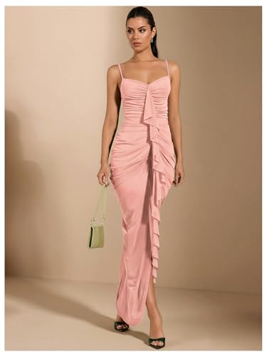 Image of Floerns Women's Ruffle Ruched Cami Dress Draped Split Elegant Bodycon Maxi Dresses