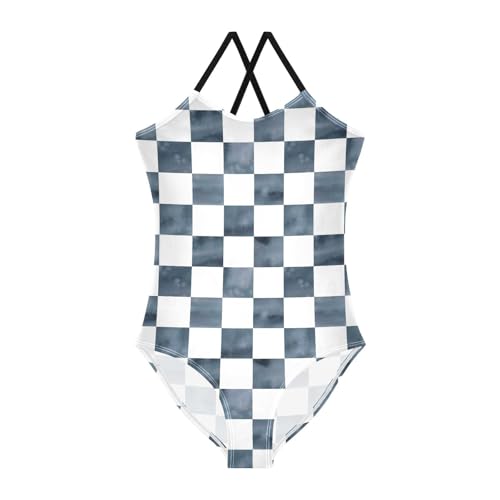 Image of Black and White Chess Girls One Piece Swimsuits Board Marble Tile Sport Halter Swimwear Beach Bathing Suit 3T