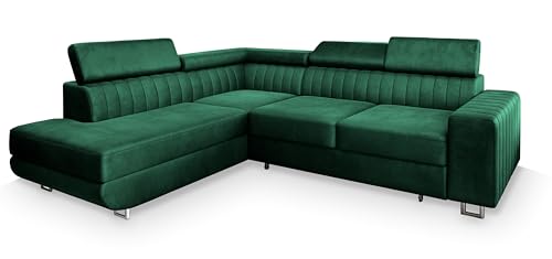 Masseno Ecksofa NOLA L-S mit Schlaffunktion L-Form, Sofa mit Bettkasten, Wohnzimmersofa, Couch, Soffa, Bettsofa, Couchgarnitur- Grün, Monolith 37