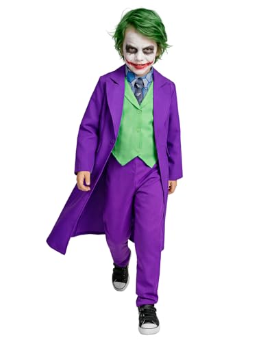 Funidelia Disfraz Oficial de Joker para niño, Incluye chaqueta, chaleco con cuello y corbata y pantalón, Talla 7-9 años Superhéroes, DC Comics - Traje para niños para fiestas, Carnaval y Halloween