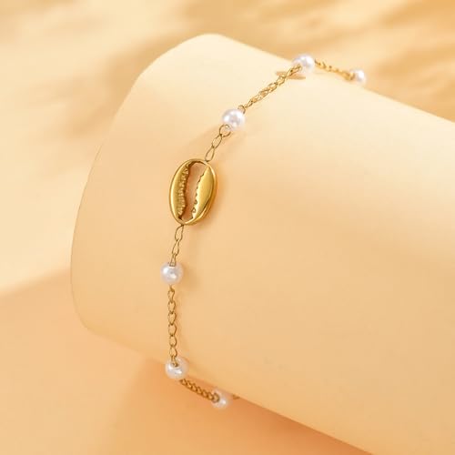 Image of NONAMOIS 18K Gold Plated Diamond Ankle Bracelets for Women Waterproof Gold CZ Pearl Bow Link Chain Anklets Non Tarnish Summer Beach Foot Jewelry Gifts