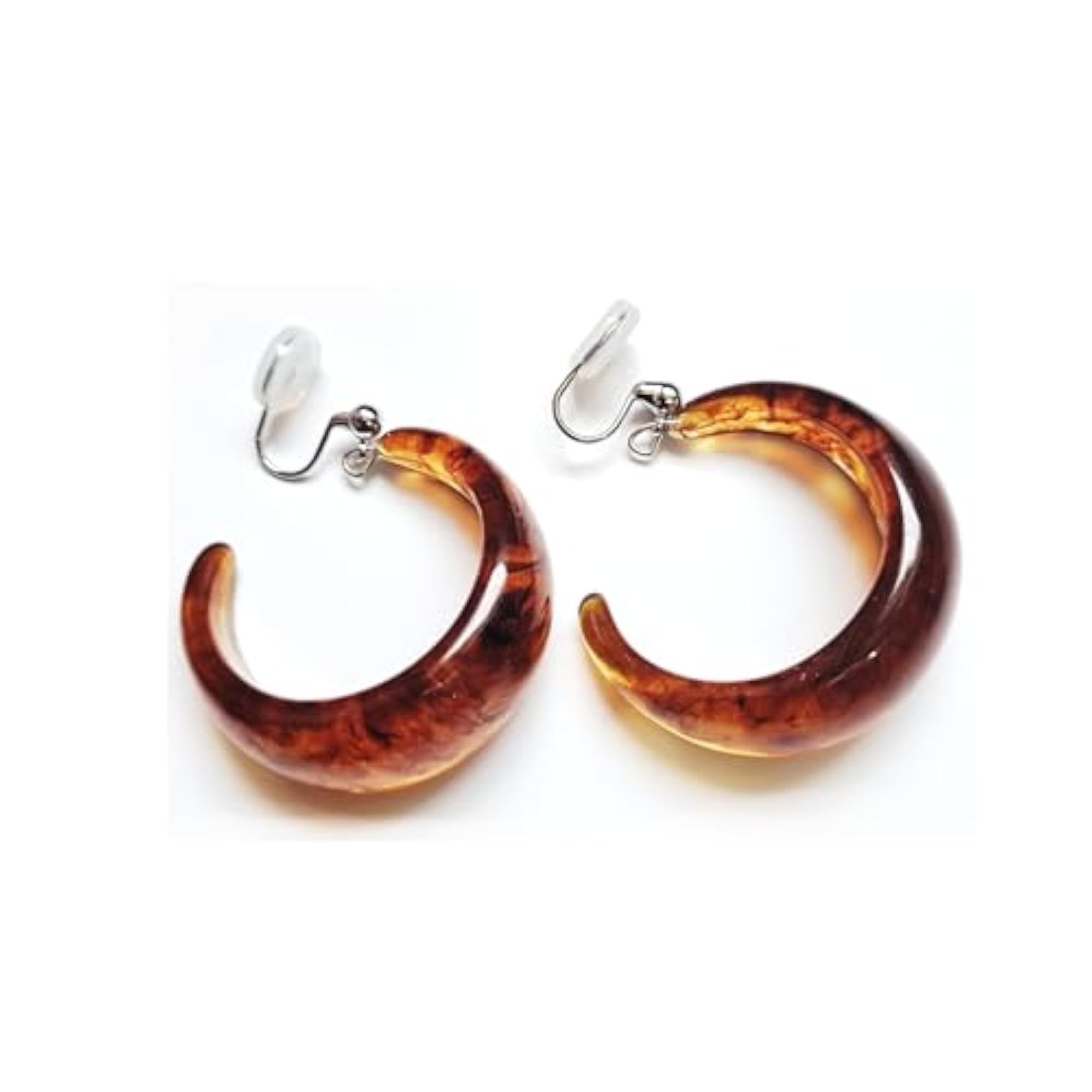 Women's Silver Plated Amber Glow Resin Clip-On Hoop Earrings