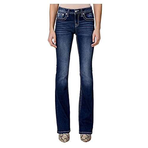 Miss Me Women's Mid-Rise Abstract Crossed Embellished Boot Cut Jeans (Dark Blue, 28W X 34L) #TOP14