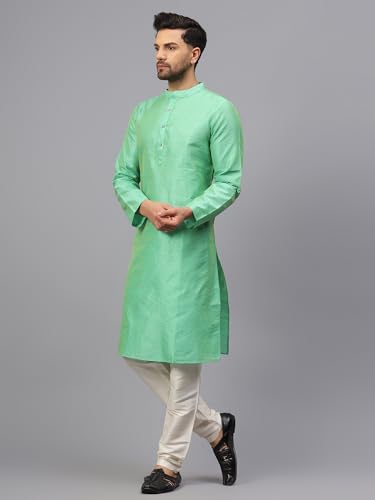 Image of LATEST CHIKAN Men's Silk Chikankari Kurta with Cream Churidar | Festive Set - KP Silk BANARSI