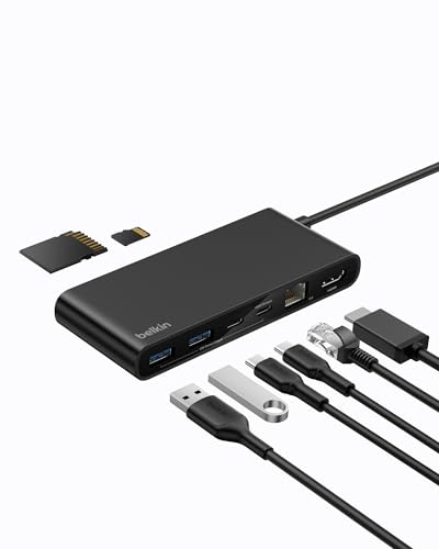 Image of Belkin USB Hub for Laptop 8-in-1, USB C Hub - Multi USB Port Adapter with 2.5Gbps Ethernet, 4K HDMI @ 60Hz, 100W USB-C PD, 10Gbps Transfer | Type C Hub for MacBook, iPad Pro, Windows, ChromeOS