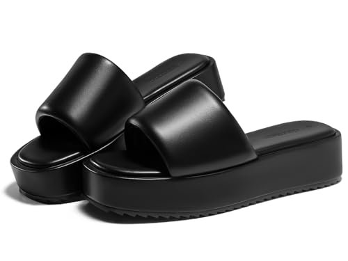 Coutgo Womens Platform Sandals Puffy Slip on Open Toe Flatform Comfort Y2K Dressy Summer Slide Sandals, Black Pu, Size 7 by Coutgo - Used condition - US$22.73