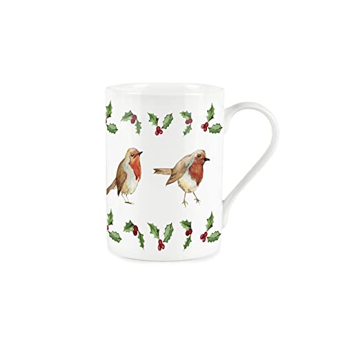 Purely Home Robin Holly Mug - Christmas Robins Bone China Style White Xmas Berries Coffee/Tea Present Gift