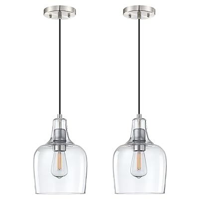 2 Pack 1 Light Hanging Indoor Kitchen Island Pendant Light 6.1" Clear Glass Pendant Ceiling Light Fixtures Brushed Nickel Finish Modern Farmhouse Dinning Over Sink