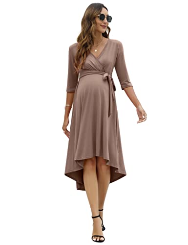 KOJOOIN Damen Umstandskleid Festlich Stillkleid V-Ausschnitt 3/4 Ärmel Schwangerschaftskleid mit Taillengürtel Khaki(3/4 Ärmel) XL