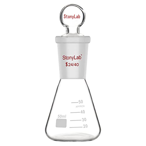 stonylab Glass 24/40 Erlenmeyer Flask with Stopper, 50 ml Borosilicate Glass Heavy Wall Flask with 24/40 Standard Taper Outer Joint and Glass Stopper
