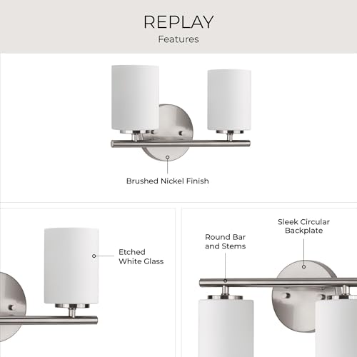 Image of Replay Collection 2-Light Etched White Glass Modern Bath Vanity Light Brushed Nickel