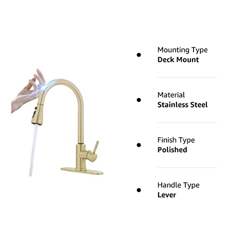 Touch Kitchen Faucet With Pull Down Sprayer, Mstjry Gold Kitchen Sink Faucets With Deck Plate, Smart Kitchen Faucet, Stainless Steel Faucets For Kitchen Sinks #TOP7