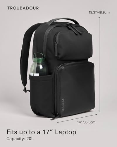 Troubadour マトリックスバックパック – 容量20L、耐水性、マイクロファイバーの裏地、人間工学に基づいたストラップ、リサイクルポリエステルとビーガンレザートリム–ブラック