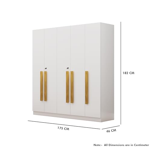 Image of Bniture 5 Door Wardrobe for Bedroom with Lockable Door & Hanging Space | Almirah for Clothes with Elevated Bottom Base | Wardrobe for Storage Cupboard | 3 Years Warranty (Frosty White, 5 Door)