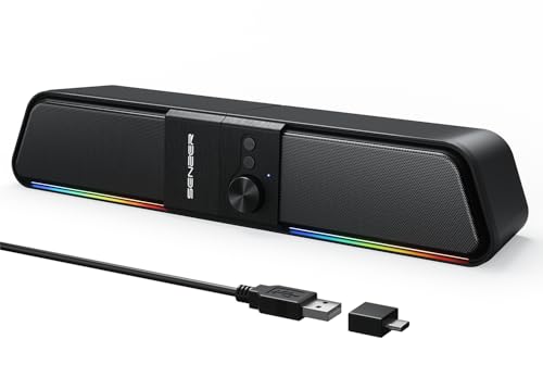 SENZER CS20 2 in 1 Bluetooth Computer Speakers for Desktop, USB Plug & Play Clear Sound PC Speakers with RGB Light, Monitor Sound Bar with Volume Knob, Gaming Speaker for PC Laptop Phone Tablet