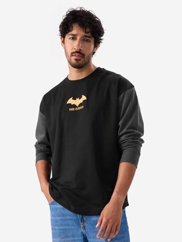 The Souled Store Official Batman: The Justice Men and Boys Round Neck Full Sleeve Black Graphic Printed Cotton Oversized T-Shirts