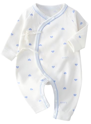 [Libaby] ベビー服 綿100％ 長袖 ロンパース カバーオール 前開き 新生児 赤ちゃん 綿 女の子 男の子 春 秋 冬 肌着(66,Cプチハートブルー(紐))