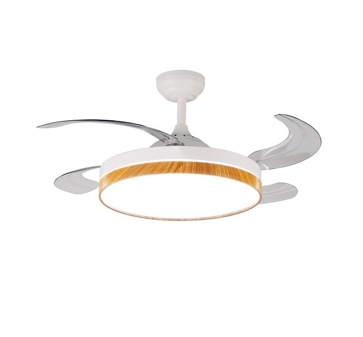 VENTILADOR APP MOVIL FACIL MONTAJE EN TECHO DC LED ATENUABLE RETRACTIL 4 ASPAS - Opción Sin Pitido, Temporizador, Control Invierno Verano, 3 Tonos, Modo Brisa, Bajo consumo (Madera, 107D)