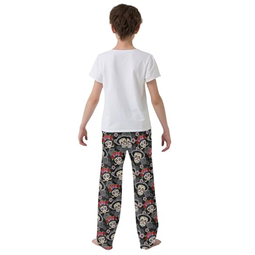 Skull Rose Floral Boys Long Pants Soft Trousers Elastic Waist Kids Lounge Bottoms with Pockets S-XL3