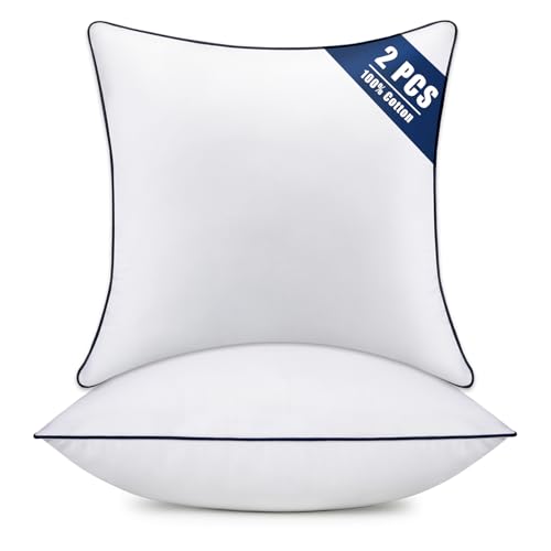 Throw Pillow Inserts Set of 2-Fluffy Square Cushions with 100% Cotton Covers-Decorative White Pillow Fillers for Sofa Bed Couch Living Room Indoor Hotel Pillows (22x22 Inch (Pack of 2)-Blue Edge)