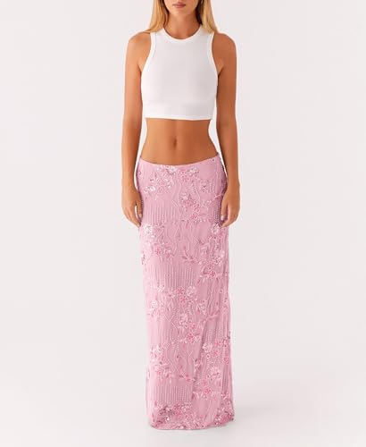 Sparkle Rhinestone Floral Maxi Skirt Y2K Sequin Long Skirt Summer High Waist Glitter Midi Skirts Going Out Skirts for Women2