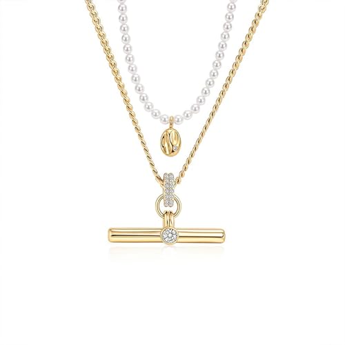 Image of Jeulia Layered Necklaces for Women Trendy Retro T Bar Pendant Pearl Necklaces Stack Trendy Pendant Necklaces Dainty Chain Choker Necklaces for Jewelry Birthday Gifts