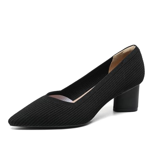 YCALCP Zapatos de Salón Mujer Knitted Pumps Mid Chunky Heel Vestir Bombas de Punto Fiesta Comodos y Elegantes,6 cm,Negro,38EU