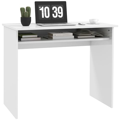 HOMCOM - Mesa de ordenador portátil (compacta, con 1 estante, paneles de partículas, dim. 90 x 50 x 74 cm, blanco lacado