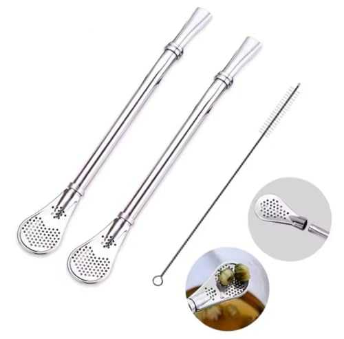 Mate Tee Löffel Set 2er Edelstahl Bombilla mit Filter und Reinigungsbürste Wiederverwendbar Spülmaschinenfest Silber für Mate und Kräutertee
