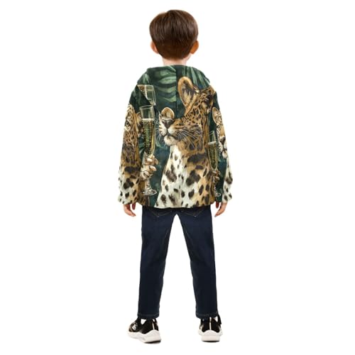 Leopard Holding Glass Wine Toddler Fleece Jacket Girl Boys Hooded Fleece Jacket Coat Warm Outwear Zip-up 3-10T4