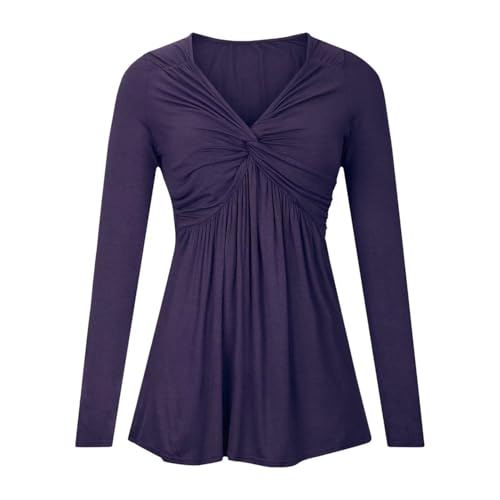 Andongnywell Women's Tunic Top Loose Long Sleeve V Neck Button Up Pleated Shirts Blouse T Shirt Tops
