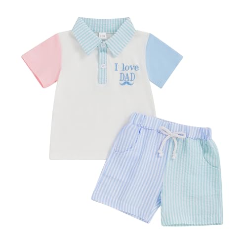 Toddler Baby Boy Fathers Day Outfit I Love Dad Color Block Collared Button Shirt Stripe Shorts Set Summer Clothes