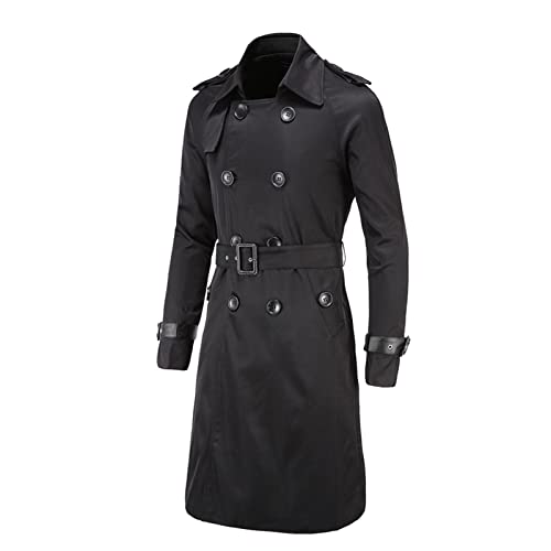 Maiyifu-GJ Men's Double Breasted Trench Coat Stylish Slim Fit Mid Long Belted Windbreaker Lapel Military Jacket with Belt (Black,X-Large)