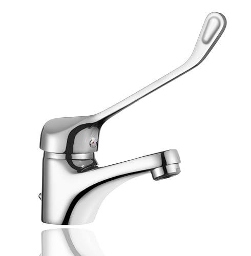 HOMSSY Rubinetto gerontologico medical per lavabo – miscelatore monocomando con leva clinica a gomito lunga, design ergonomico, cartuccia ceramica, ottone cromato
