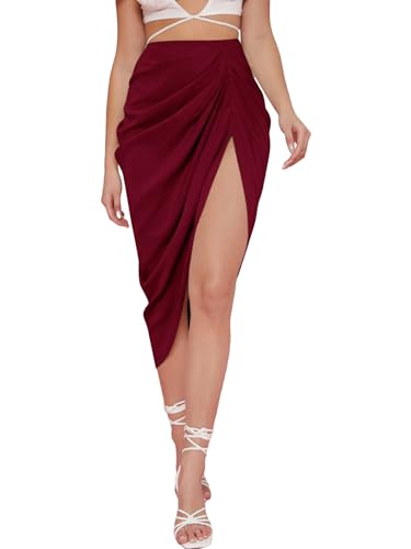 WDIRARA Women's Skirts Split Thigh Front Satin Skirt High Waist Ruched Zip Back WrapMidi Skirt