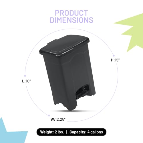 Image of Safco Step On Plastic Trash Can with Foot Pedal, 4 Gallon Garbage Can for Kitchen, Bedroom, Office, Hands Free, Black