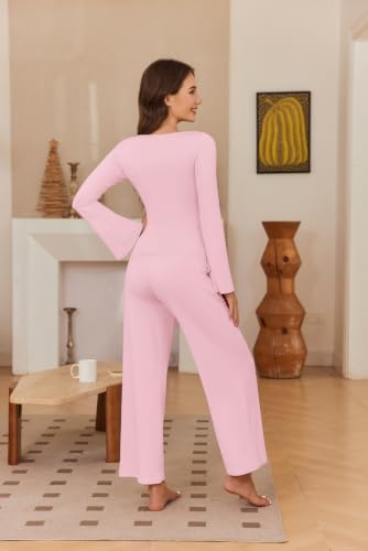 Ekouaer Women s 2 Piece Lounge Sets Bell Long Sleeve Pajamas Outfits Pink - image 5