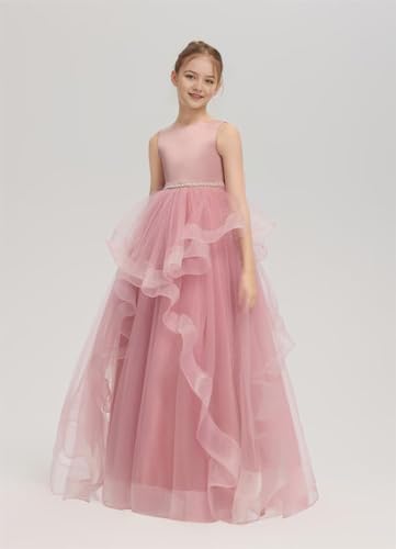 Tiered Tulle Flower Girl Dress for Wedding Pearls Beaded Kids Pageant Princess Dress O Neck Party Ball Gowns for Girls3