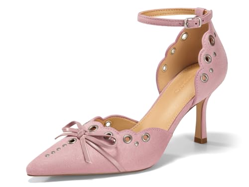 Coutgo Womens High Heels Bow Tie Closed Pointed Toe Stiletto Ankle Strap Studded Suede Dress Shoes, Pink, Size 8.5