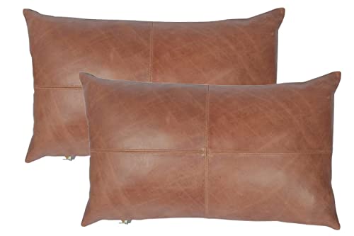 LL LEATHER LOVERS 100% Lambskin Leather Pillow Cover - Sofa Cushion Case - Decorative Throw Covers for Living Room & Bedroom, Dark Tan Plain Pack of 2