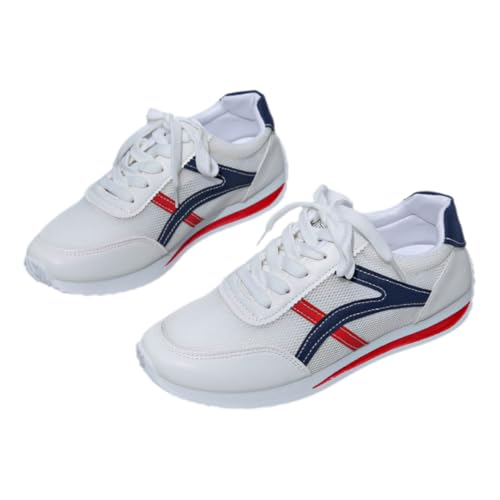 Athletic Sneakers, Mesh and Leather, White/Navy/Red, Casual Running Style