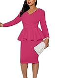 SEBOWEL Women Long Sleeve Bodycon Midi Dresses Vintage Ruffle Peplum Pencil Office Work Dress Formal Evening Party Cocktail Dress, Rose, M