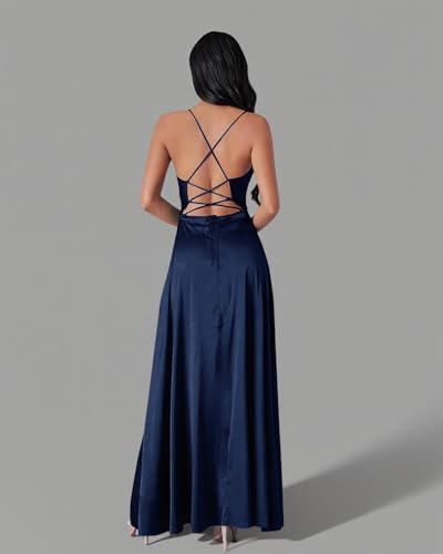 Nicktane Open Back Bridesmaid Dresses - Satin Spaghetti Strap Long Wedding Evening Gowns with Slit3