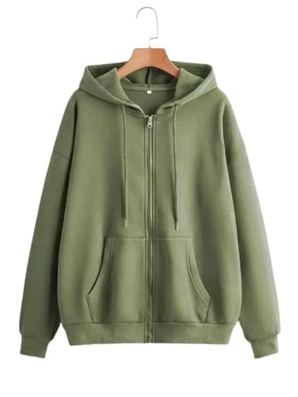Image of Womens Cotton Relaxed Fit Solid Casual Zipper Hoodie Sweatshirt with Hooded Neck and Side Pocket for Winter