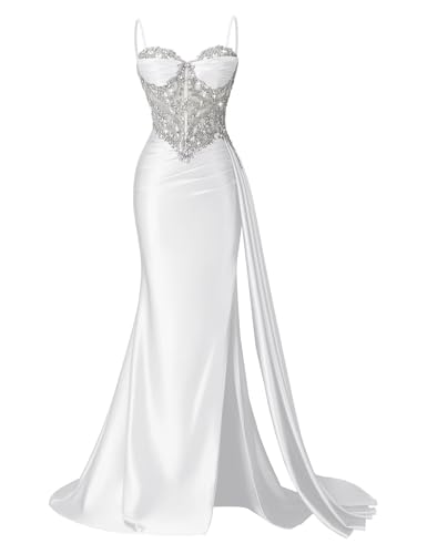 Rjer Spaghetti Straps Mermaid Prom Dress Long with Slit Satin Beaded Pleated Formal Evening Party...