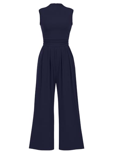 Xiaoliny Mono Mujer Verano Cuello Alto Sin Mangas Jumpsuit Elegante Pierna Ancha con Bolsillos Slim Talle Alto Monos Largo de Vestir Básico Pantalones Enterizos Casual Una Pieza para Oficina Fiesta