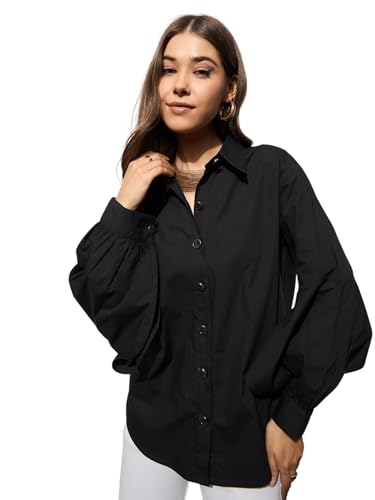 barcino Black Poplin Lantern Sleeves Shirt