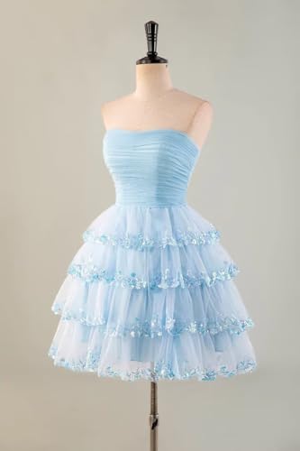 Homecoming Dresses Short Strapless Lace Appliques Tiered Ruffle Tulle Formal Cocktail Party Gowns for Teens4